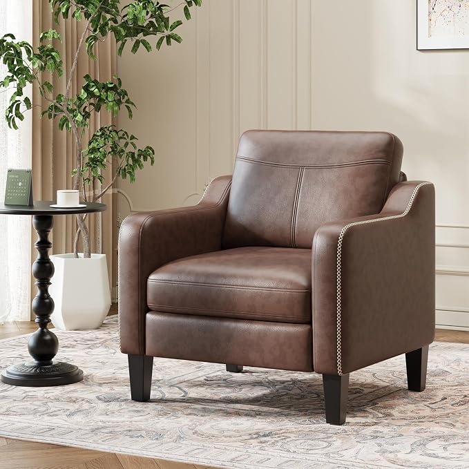 MALOL PU Leather Accent Chair Set of 2, Mid-Century Modern Living Room Armchair Sofa with Removable Cushions & Stitched Armrest Design, Bedroom Chair with Plastic Legs, Chocolate Brown