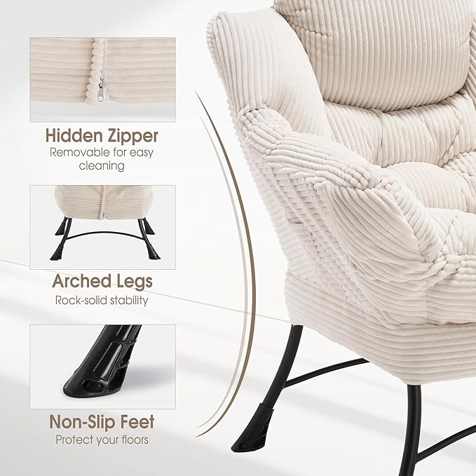 Lazy Chair with Ottoman, Comfy Lounge Chair for Reading, Relaxing, and Napping, Perfect for Living Room, Bedroom, or Office, White