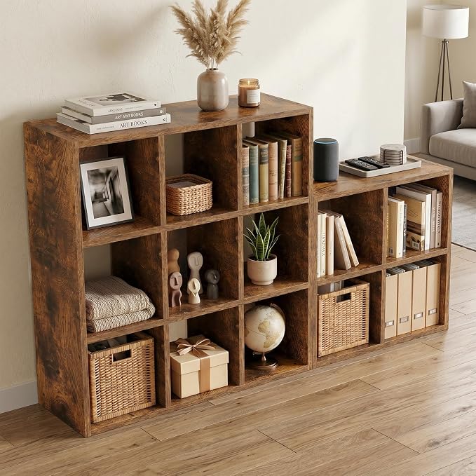 LUCKLIFE 9-Cube Storage Organizer, Stackable Modular Bookcase Shelf with Vertical or Horizontal Use, Fits 11×11" Bins, Optional Back Panels, for Living Room, Office, Vintage Brown