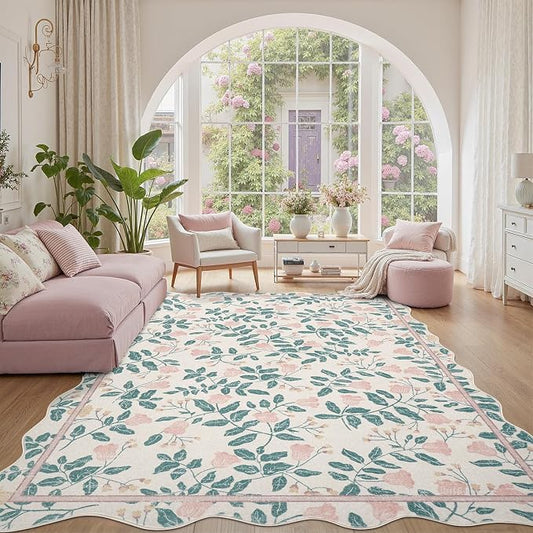 DCX Pink Botanical 5x7 Rug, Machine Washable Non Slip Stain Resistant Carpet, Kid & Pet Friendly Low Pile Floral Scalloped Rug for Living Room, Bedroom, Home Office