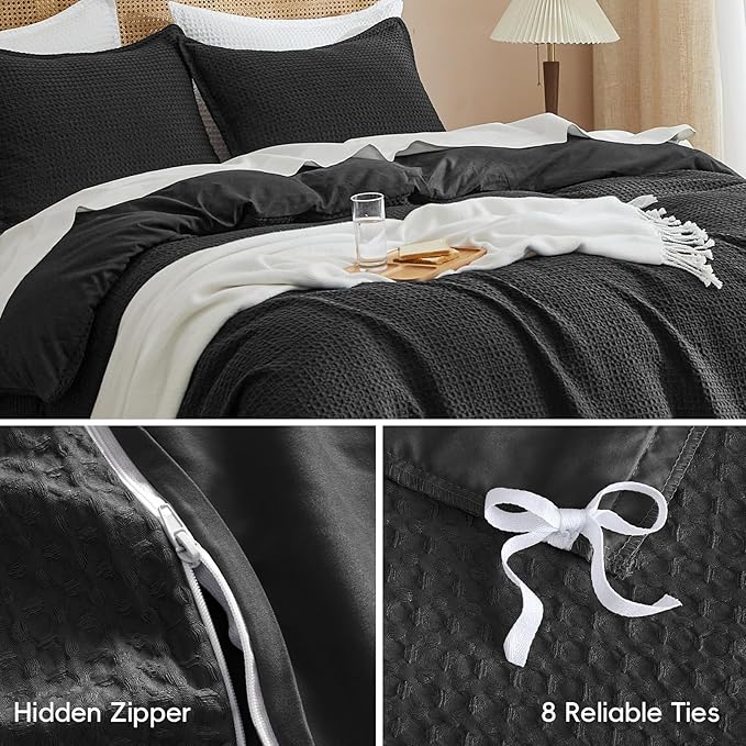 PHF Waffle Weave Duvet Cover Set Queen Size, No Snagging Ultra Soft Luxury Textured Breathable Comforter Cover for All Season 3pcs, Durable Bedding Duvet Set with 2 Pillow Shams, 90"x90", Black