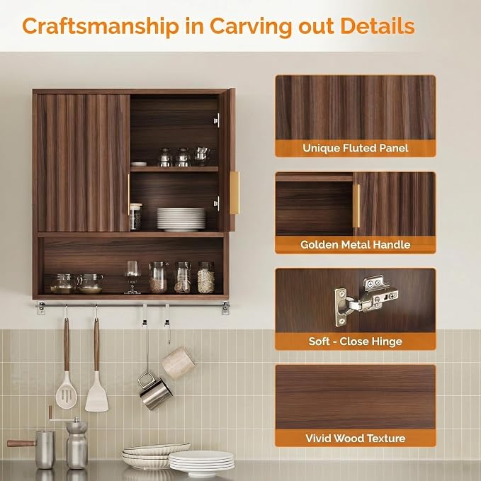 VINGLI Bathroom Wall Cabinet, Walnut Fluted Medicine Cabinet with Doors, Wall Mounted Storage Cabinet Over Toilet with Adjustable Shelf, Mid-Century Hanging Organizer for Kitchen, Laundry