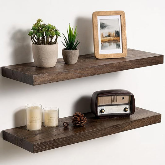 Fun Memories Solid Elm Wood Floating Shelves Set of 2-24 Inch Rustic Wall Shelves with Heavy-Duty Invisible Brackets - for Living Room, Kitchen, Bedroom, Bathroom - Walnut Finish