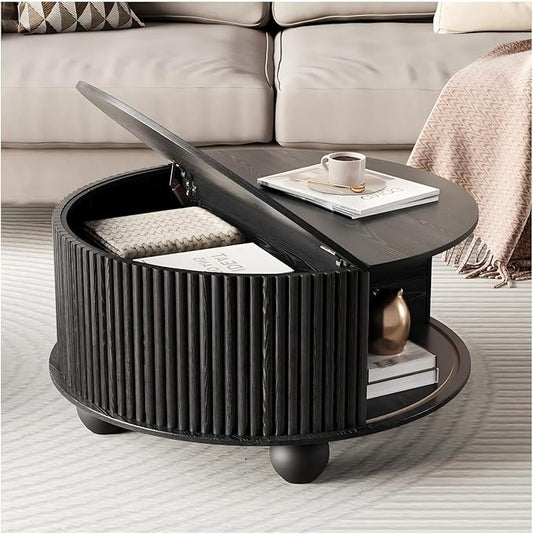 Black Round Coffee Table with Storage, 31.5" Fluted Drum Center Table with Sliding Door, Modern Farmhouse Wood Circle Table with Bun Feet for Living Room