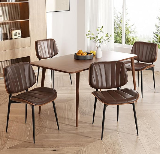 Dining Chairs Set of 4, Mid Century Modern Dining Room Chairs, Upholstered Faux Leather Kitchen Chairs with Walnut Bentwood Back and Metal Legs