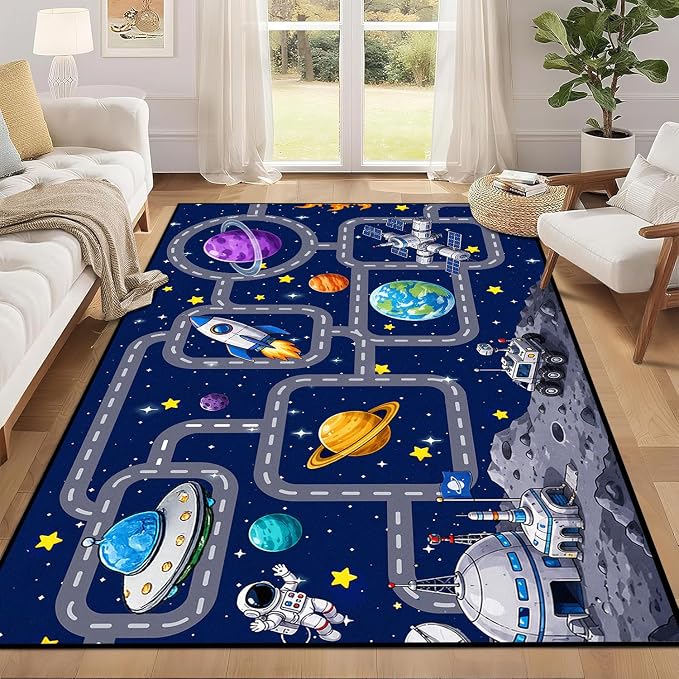 Outer Space Rug Astronaut Road Map Area Rug for Entryway Bedroom Living Room Nursery Kitchen Playroom Home Decor Washable Educational Floor Mat Galaxy Themed Carpet,3'x5'