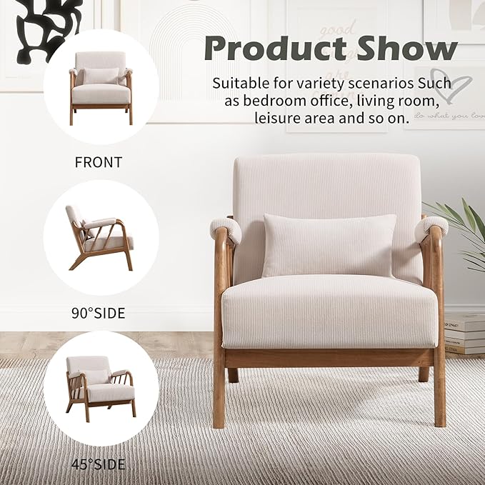 INZOY Mid Century Modern Accent Chair with Wood Frame, Upholstered Reading Armchair with Soft Corduroy Fabric, Accent Chair for Living Room Bedroom Apartment, Easy Assembly, Beige