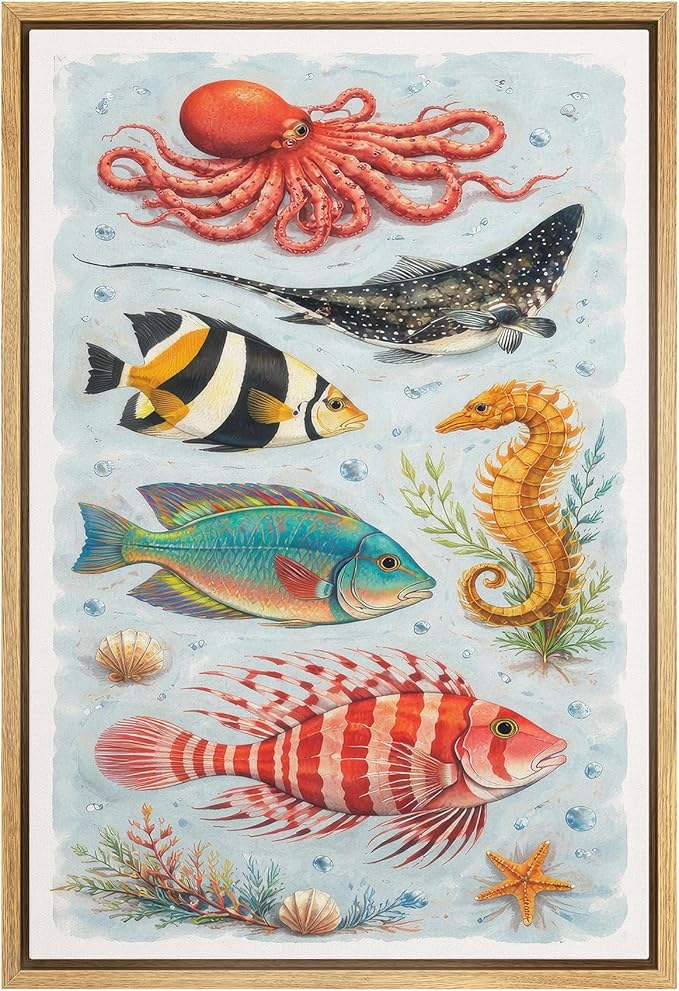 MUDECOR Framed Canvas Print Wall Art Colorful Ocean Life Marine Species Illustrations Minimalism Decorative Bohemian Zen for Living Room, Bedroom, Office - 16"x24" NATURAL