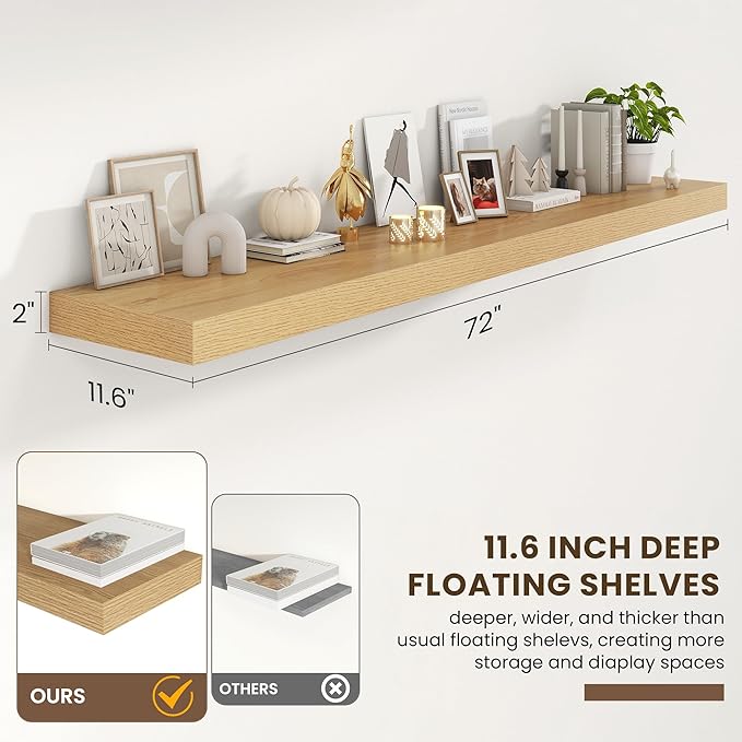 72 Inch Floating Shelves | 12 Inch Deep Oak Floating Shelves Set of 2 | 72" W x 12" D Rustic Oak Wall Shelves for Bathroom Living Room Kitchen Laundry Room