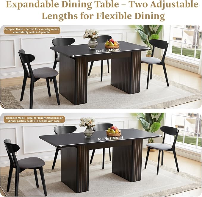 55 in–71 in Extendable Rectangular Dining Table for 4–6, Modern Farmhouse Expandable Kitchen Table with Carved Line Base, Wooden Dinner Table for Kitchen Living Room Home Office (Black)