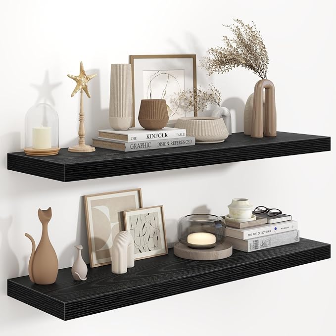 Fun Memories 40 Inch Floating Shelves in Black, 9.3 Inch Deep Floating Shelf for Bathroom Living Room Kitchen, Rusitc Wall Mounted Bathroom Shelves 2 Pack, Heavy-Duty Deep Shelf for Books Decor