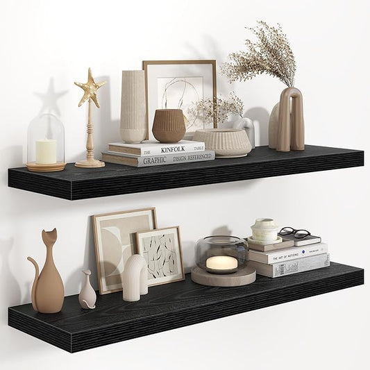 Fun Memories 40 Inch Floating Shelves in Black, 9.3 Inch Deep Floating Shelf for Bathroom Living Room Kitchen, Rusitc Wall Mounted Bathroom Shelves 2 Pack, Heavy-Duty Deep Shelf for Books Decor