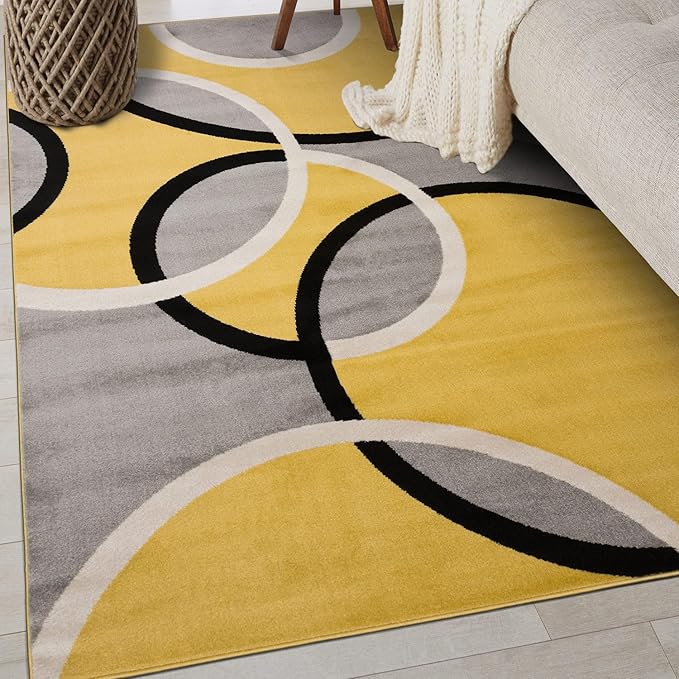 Rugshop Contemporary Abstract Circles Area Rug, Carpet with Jute Backing for Entryway, Kitchen, or Small Bedroom, Yellow, 3'3" x 5'