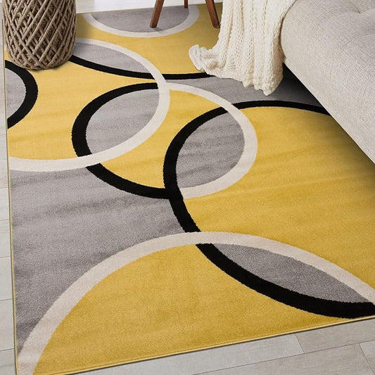 Rugshop Contemporary Abstract Circles Area Rug, Carpet with Jute Backing for Entryway, Kitchen, or Small Bedroom, Yellow, 3'3" x 5'