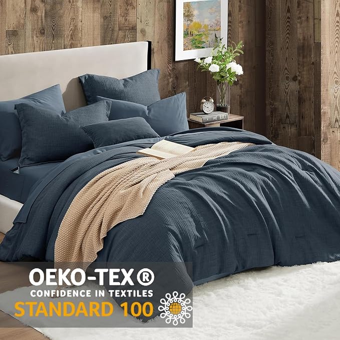 Geniospin California King Comforter Set - 7 Pieces Navy Blue California King Bedding Set, Solid Bed Set for All Season, Textured Bed in a Bag with Flat Sheet and Fitted Sheet, Pillowcases and Shams