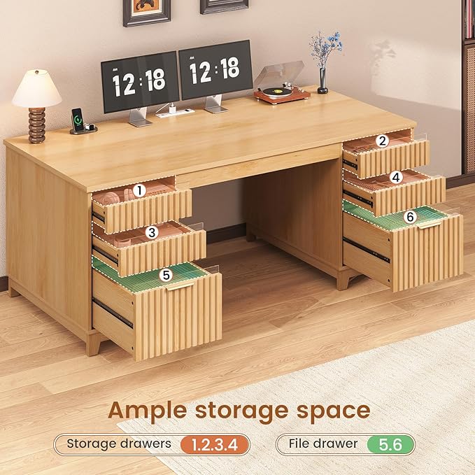 SEDETA 55.1" Fluted Office Desk with 6 Drawers, Modern Executive Desk with Acrylic File Drawers, Computer Desk with Power outlets for Home Office and Study, Natural