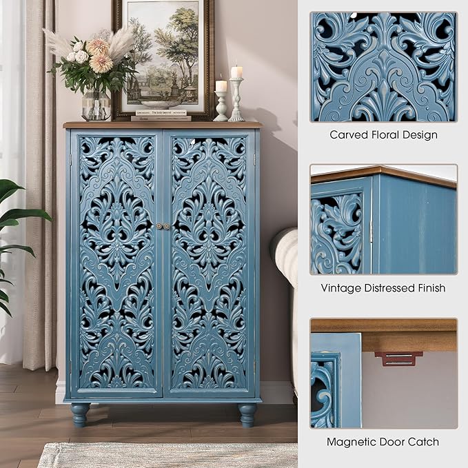JOINICE 47" Tall Accent Cabinet with Doors and Shelves, Storage Cabinet with Solid Wood Legs for Living Room,Entryway,Dining Room,Bedroom(Blue & Walnut)