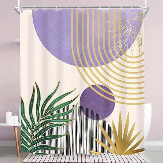 KOMLLEX Mid Century Purple Green Boho Shower Curtain 60Wx72L Inches Abstract Modern Shower Curtains for Bathroom Gold Botanical Minimalist Arch Sun Fabric Liner Waterproof Polyester 12 Pack Hooks