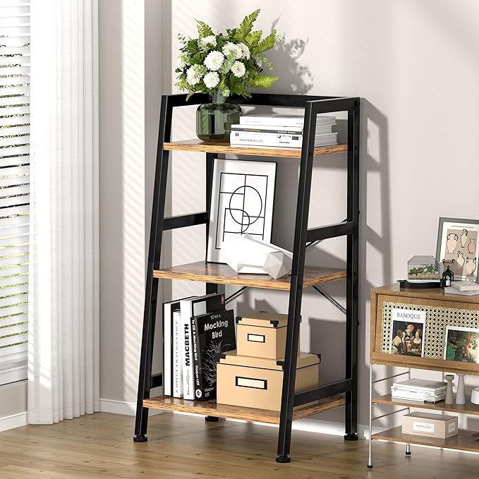 3-Tier Bookshelf, Ladder Shelf, Industrial Bookcase with Steel Frame, Metal Small Bookcase, stand up shelves for Living Room, Home Office, Kitchen, Bedroom, Industrial Style（Rustic Brown & Black）