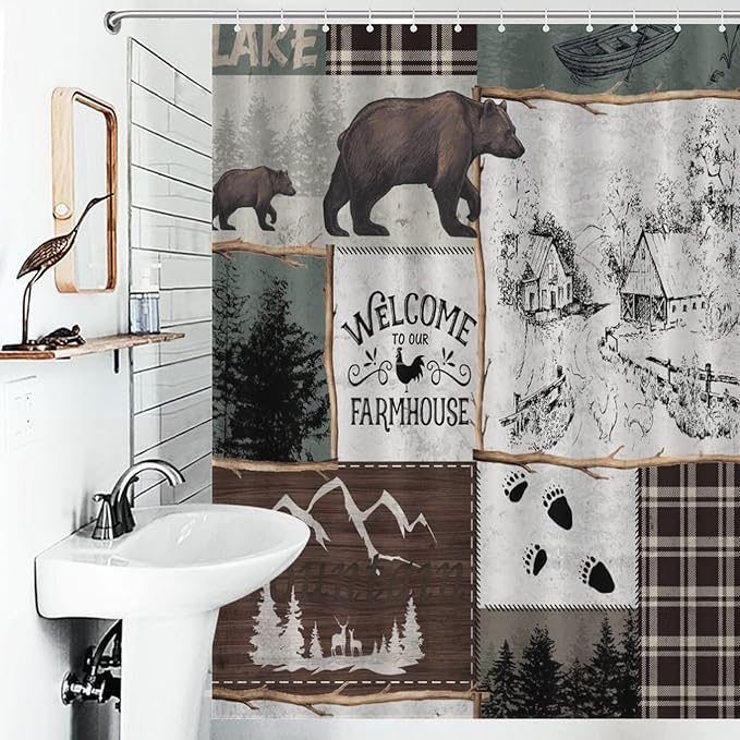 Rustic Cabin Vintage Bear Shower Curtain Country Lodge Deer Mountain Forest Farmhouse Waterproof Shower Curtains for Bathroom Decor 12 Pack Hooks 55x72in（140x183cm）