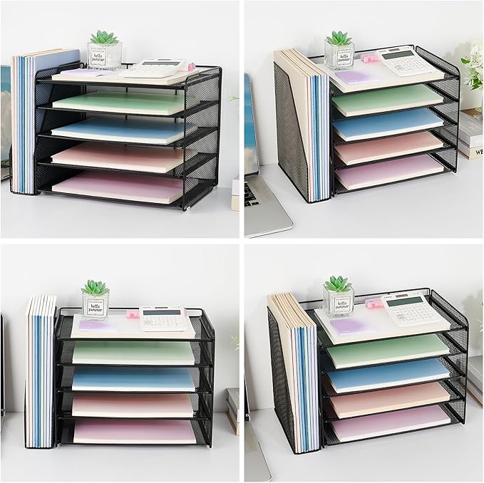 OPNICE Desk Organizers and Accessories, 5-Tier Paper Organizer Letter Tray with Magazine Holder, Office Desk Accessories & Workspace Organizers, Desktop File Organizer for Office Supplies, Black