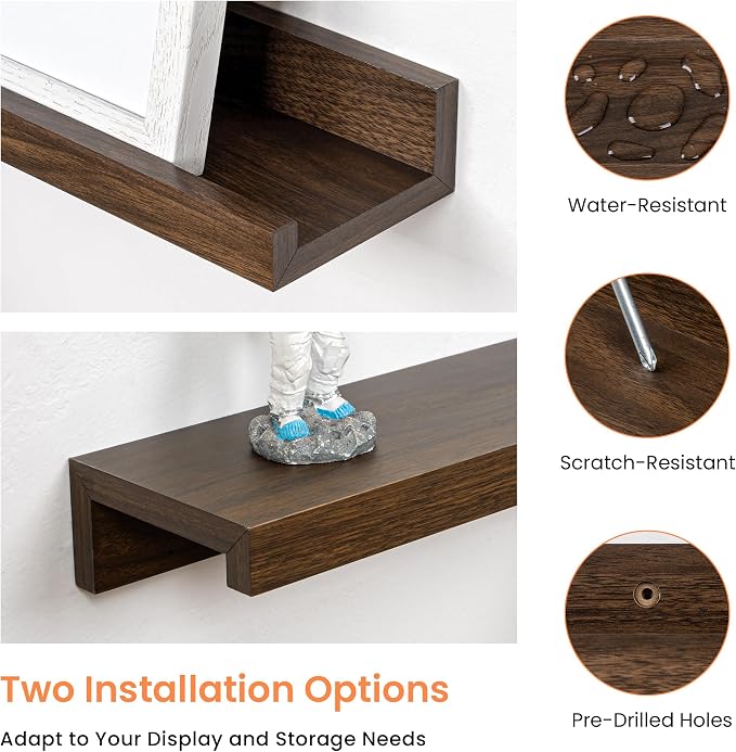RICHFOCUS Picture Ledge Shelf, 72 inch Floating Shelves Set of 2, Wood Wall Shelves with Lip, Wall Decor Storage for Bedroom Living Room Bathroom Kitchen Nursery Photo Picture, Walnut