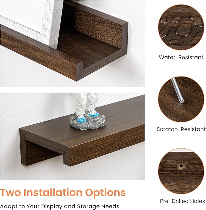 RICHFOCUS Picture Ledge Shelf, 48 inch Floating Shelves Set of 2, Wood Wall Shelves with Lip, Wall Decor Storage for Bedroom Living Room Bathroom Kitchen Nursery Photo Picture, Walnut