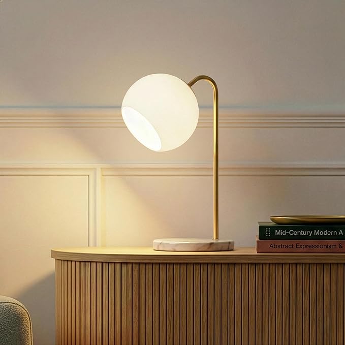 Brightech Krystal LED Table Lamp, Frosted Glass Globe Arcing Living Room Lamp, Mid-Century Modern Standing Lamp for Living Rooms, Boho Rustic Indoor Table Lamp for Bedrooms & Offices - Brass