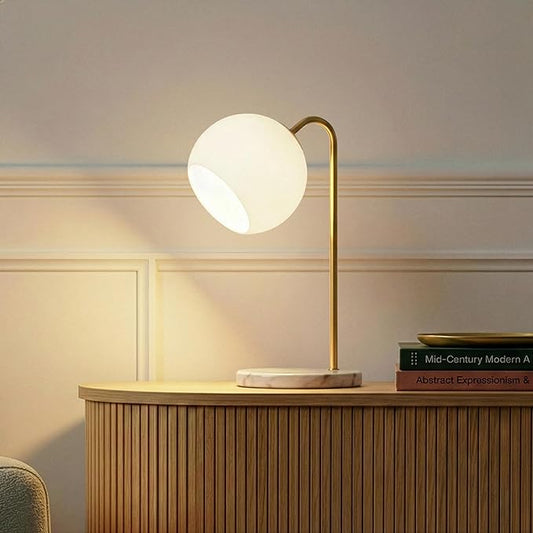Brightech Krystal LED Table Lamp, Frosted Glass Globe Arcing Living Room Lamp, Mid-Century Modern Standing Lamp for Living Rooms, Boho Rustic Indoor Table Lamp for Bedrooms & Offices - Brass