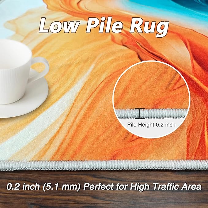 Orange Teal Area Rug for Living Room 5'x7', Turquoise Marble Decorative Washable Rug Non Slip Indoor Dining Floor Carpet for Bedroom Office, Teal Gold Living Room Decor