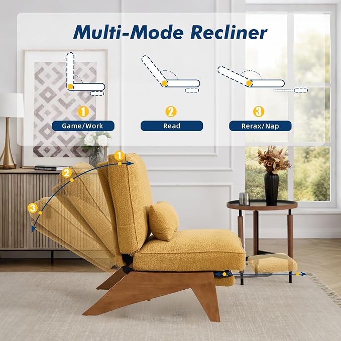 Accent Chair with Ottoman Adjustable Backrest, Stripe Living Room Chair Indoor Lounge Chair with Build-in Footrest Set, Modern Chair Cozy Reclining Chair for Reading Room, Yellow