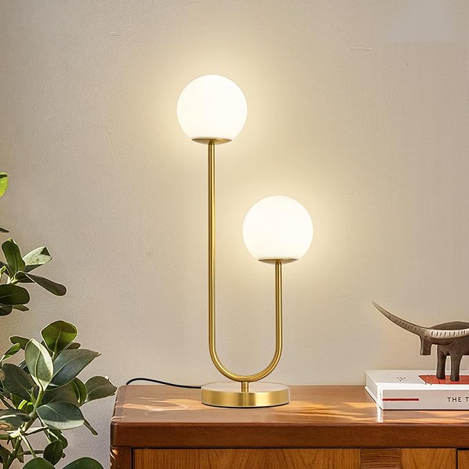 Mid Century Modern Globe Table Lamp Gold U-Shape Glass Table lamp 2-Globe Bedside Lamp with LED G9 Light Source Ideal for Bedroom & Office