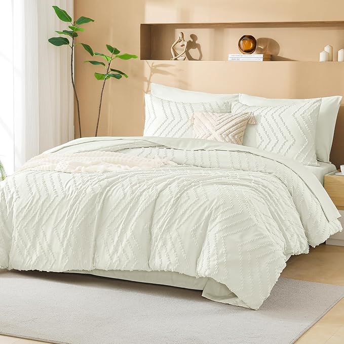 Litanika Oversized King Size Comforter Set with Sheets Ivory - 7 Pieces Bed in a Bag Oversized King Boho Tufted Complete Bedding Sets with Comforter, Sheets, Pillowcases & Shams