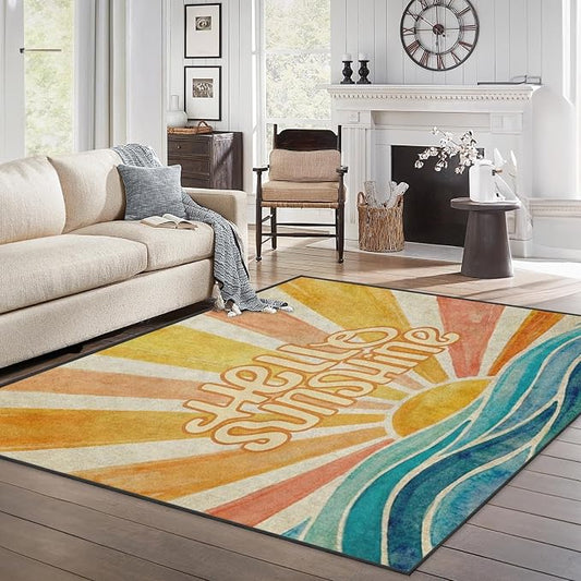 Area Rugs 5'x7' Washable Rug, Retro Sunshine Boho Stain Resistant Non Slip Backing Groovy Summer Carpet for Living Room Bedroom Dining Room