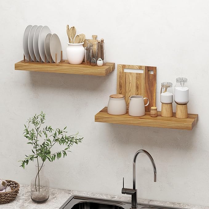 Dreamland 24 Inch Floating Shelves, Rustic Elm Wood Wall Shelf for Home Decor, 8 Inch Deep Floating Shelf for Wall, 24 x 8 Bathroom Shelves Set of 2, Natural Color