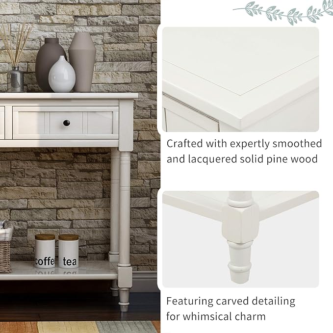35.43” Console Table with Drawers & Bottom Open Shelf, Rustic Entryway Table with Storage, Ivory White