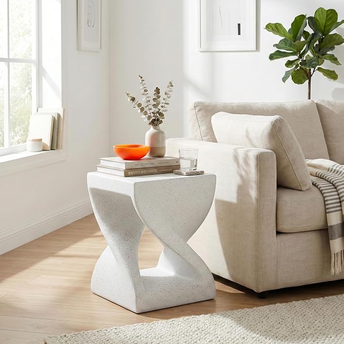 ø13.39'' Faux Concrete Cement Round Side Table End Table, Modern Contemporary Minimalist Twisted-Base Style, MGO Material for Indoor & Outdoor, No Assembly, White