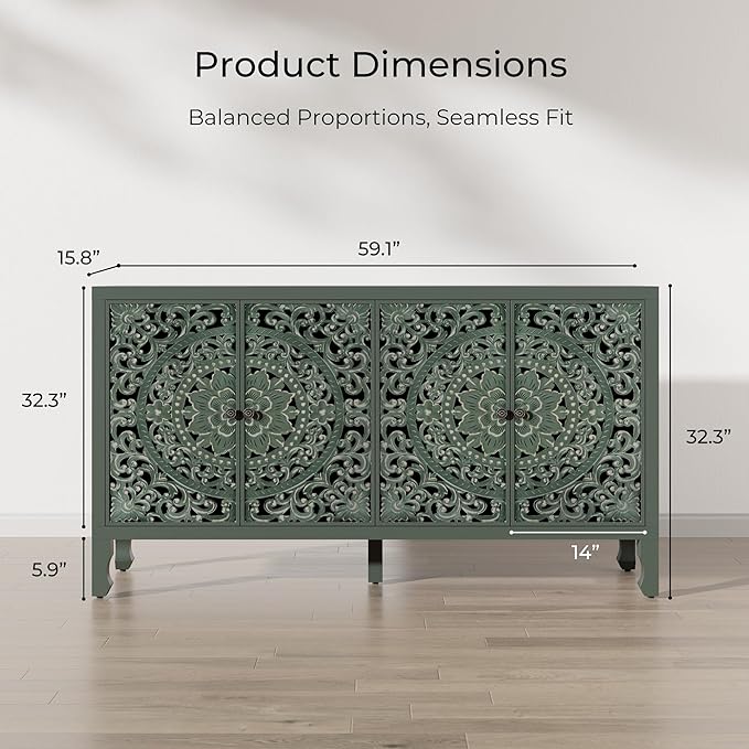 Buffet Cabinet with Storage, Accent Cabinet with 4 Carved Doors, Solid Wood Sideboard with Adjustable Shelf, Vintage Cabinets for Kitchen, Living Room, Entryway, Green