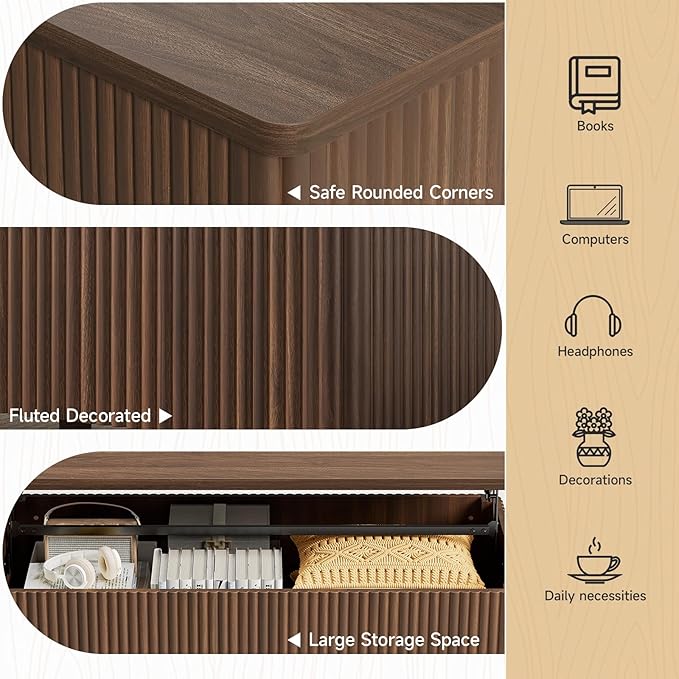 ONBRILL Fluted Lift Top Coffee Table with Storage, Mid Century Modern Coffee Table with Hidden Compartment, Rising Top Wood Center Table for Living Room, Home Office, Rounded Edges (Walnut)