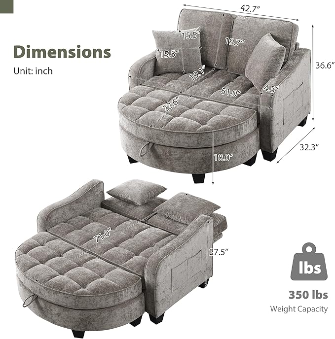 Round Chaise Lounge Chair with Storage Ottoman, Oversized Bubble Chair and a Half Featuring Adjustable Backrest, Plush Reading Accent Chair and Ottoman Set for Bedroom, Mocha Brown