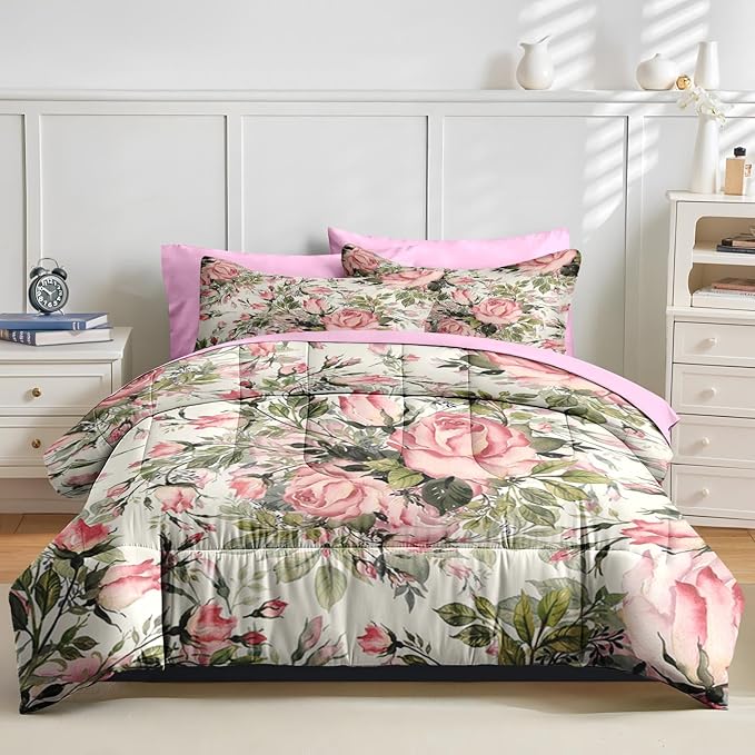 Nesker 7 Pcs Comforter Set Queen Size, Vintage Summer Rose Flower Bedding Set for Kids and Adults, Shabby Chic Herbs Sheets Bed Sheet Sets with Fitted Sheet 2 Pillowcases & 2 Shams