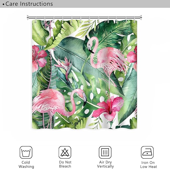 Tropical Pink Flamingo Shower Curtain with Hooks Watercolor Green Palm Leaves Shower Curtains Modern Style Waterproof Fabric for Bathroom Decor Set 72 x 78 Inch