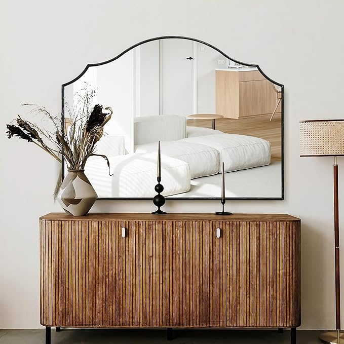 Besdomus Black Scalloped Wall Mirror: 40"x29" Large Modern Wooden Arched Dresser Mirror - Minimalist Fireplace Decorative for Bathroom/Bedroom/Mantel/Vanity/Entryway/Living Room - Stylish Home Decor