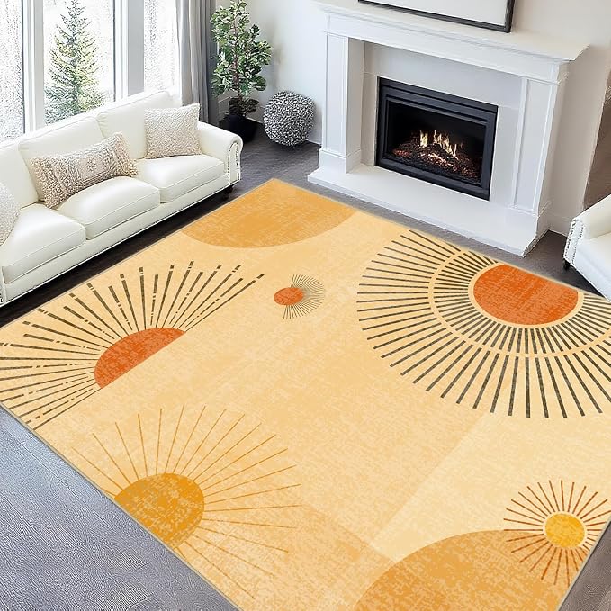 Large Area Rug 5x7 Sun Rug Living Room Mid Century Modern Rugs Machine Washable Boho Geometric Rug Non Slip Printed Low Pile Indoor Floor Carpet for Dining Room Bedroom Office,Yellow