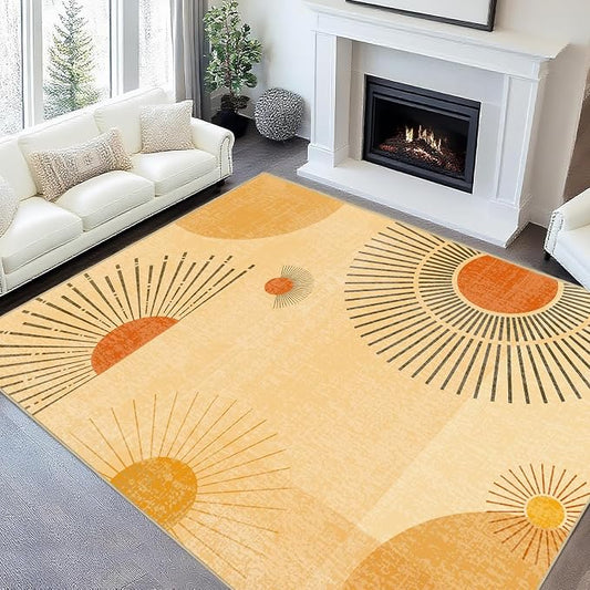 Large Area Rug 5x7 Sun Rug Living Room Mid Century Modern Rugs Machine Washable Boho Geometric Rug Non Slip Printed Low Pile Indoor Floor Carpet for Dining Room Bedroom Office,Yellow