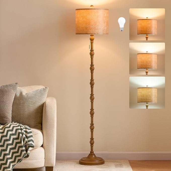 63.5'' Floor Lamps for Living Room, Farmhouse Floor Lamp for Bedroom with 3 Color Temperatures, Vintage Standing Lamps for Living Room, Living Room Light, Chain Switch, Bulb Included, Brown