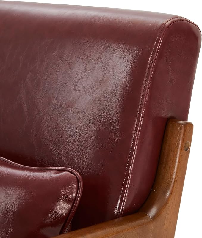 Glitzhome 30.75" H Mid Century Red Accent Armchair, Single Reading Armchair PU Leather Lounge Chair with Walnut Ruberwood Frame