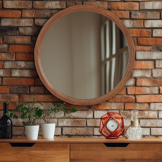MAGFLERUM 24 Inch Round Wood Circle Mirror - Boho Style Wall Decor for Bedroom, Living Room, Hallway (Brown)