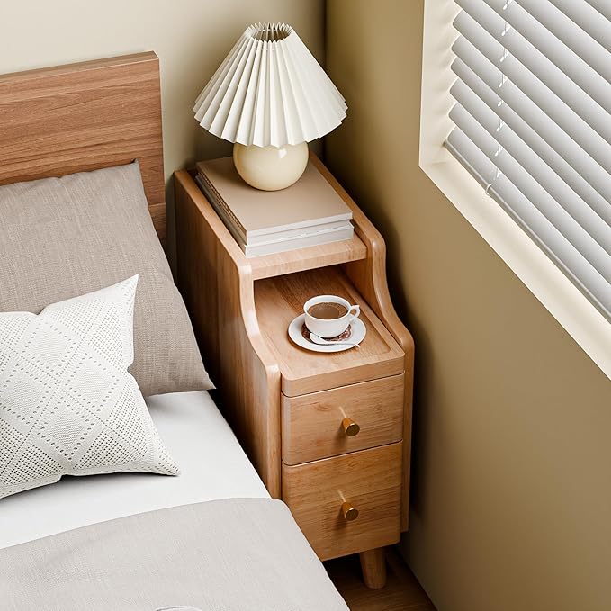 Narrow Nightstand Set of 2, 19.7" H Pre-Assembled Solid Wood Small Skinny Night Stand with Drawers, Open Sliding Shelf, Mid Century Modern Slim Bedside Table for Bedroom, End Side Table, Natural Oak