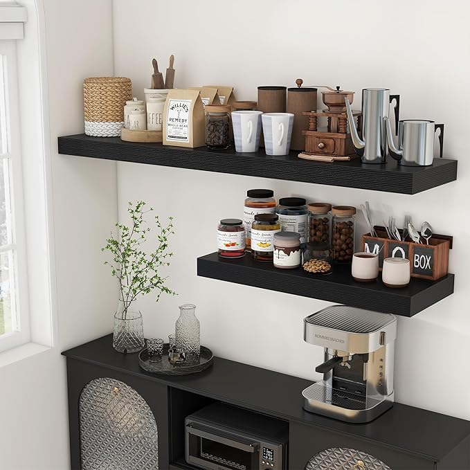 12 Inch Deep Floating Shelves | 55 Inch Black Floating Shelves | 55" W x 12" D Rustic Wood Shelves for Wall | Deep Black Shelves for Living Room Bathroom Laundry Room Kitchen
